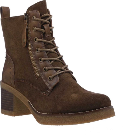 Brązowe czekoladowe botki zamszowe sznurowane na klocku Seastar