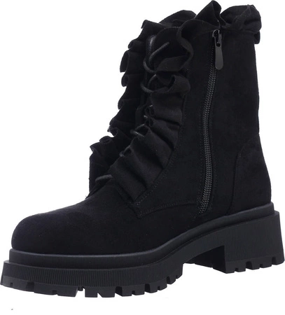 Czarne zamszowe botki płaskie z falbanką wiosenne Kori