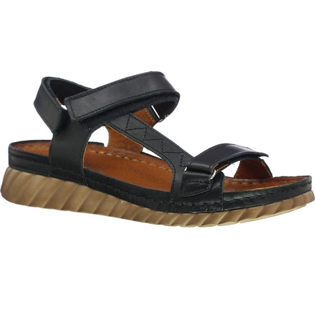 Czarne sandały damskie płaskie na paskach z rzepami szyte Gino Fabiani - Produkt Polski