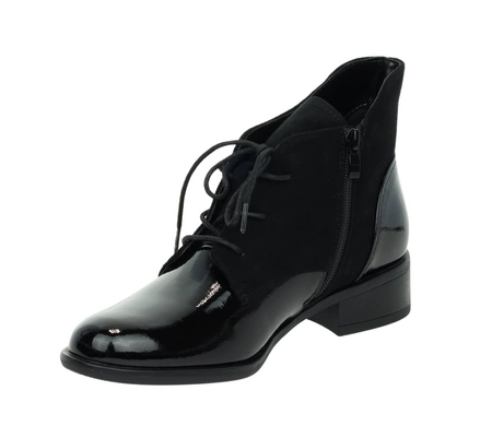 Czarne półbuty jesienne lakierowane botki płaskie Lekko ocieplane Kazadi