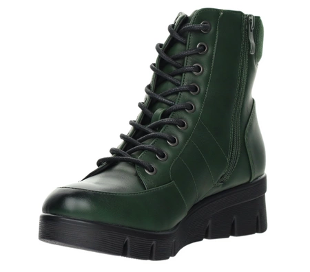 Ciemnozielone trzewiki damskie ocieplane na koturnie Jezzi