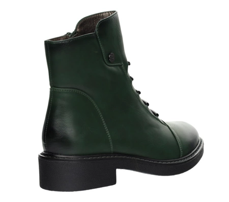 Zielone botki damskie na zimę eleganckie na płaskim obcasie Jezzi