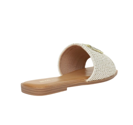 Eleganckie plecione klapki płaskie ze złotą klamrą i kryształkami Jezzi