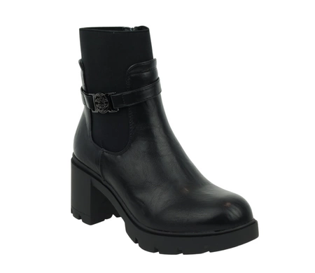 Czarne rokowe botki zimowe na obcasie i platformie ze skóry licowej ekologicznej Jezzi