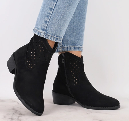 Czarne zamszowe botki kowbojki niskie ażurowe jesienne Jezzi