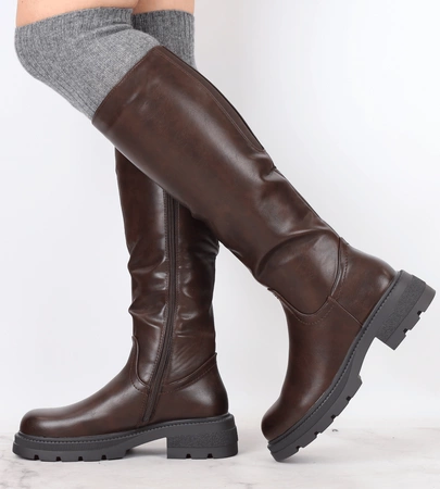 Czekoladowe kozaki damskie zimowe skórzane licowe Jezzi