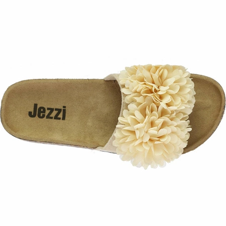 Klapki damskie płaskie korkowe cieliste z kwiatkami Jezzi