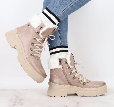 Beżowe eleganckie botki damskie zimowe skórzane Helios