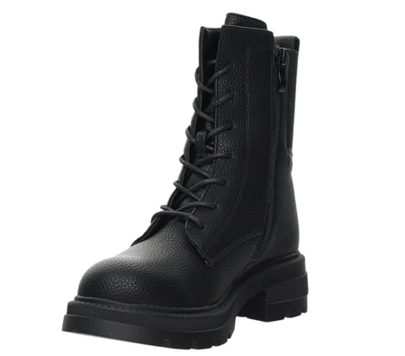 Czarne buty zimowe damskie na płaskiej grubej podeszwie na zamek i sznurowadła Jezzi