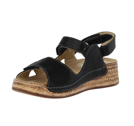 czarne skórzane sandały damskie na rzepy na niskiej słomkowej koturnie HELIOS model 138