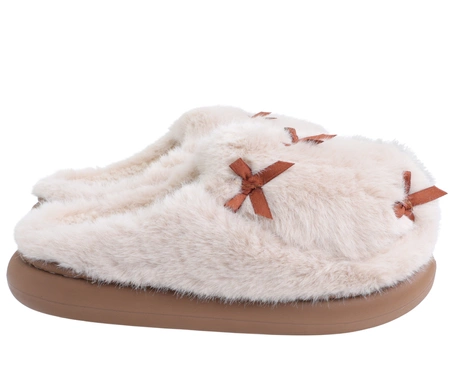 Puszyste kapcie damskie po domu ciepłe futerkowe klapki zabudowane z Kokardkami