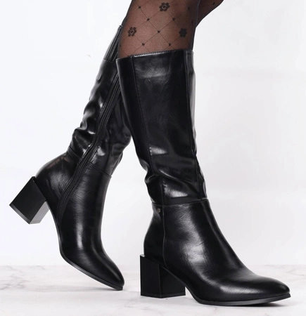 Czarne kozaki eleganckie na klocku ocieplane Jezzi