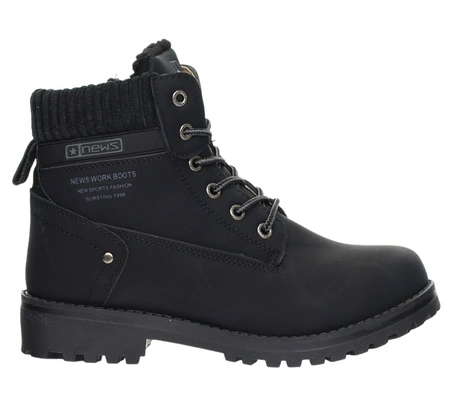 Płaskie czarne buty zimowe na sznurowadła i zamek po boku NEWS