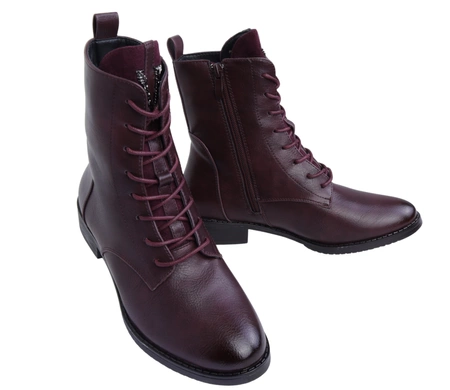 Bordowe botki damskie klasyczne na zamek i sznurowadła Jezzi