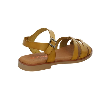 Hiszpańskie płaskie skórzane sandały musztardowe na cienkich paskach El Pimpi