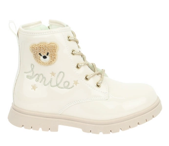 Beżowe lakierowane botki dziecięce jesienne ocieplane z Misiem