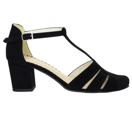 Czarne sandały na obcasie z paskiem w literę T zabudowane palce i pięta Azali - Produkt Polski