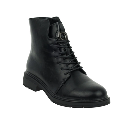 Czarne klasyczne botki damskie płaskie na zamek i sznurowadła Jezzi