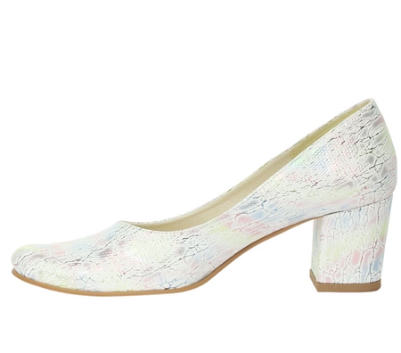 Białe posrebrzane czółenka eleganckie na średnim, szerokim obcasie Polska Marka AZALI