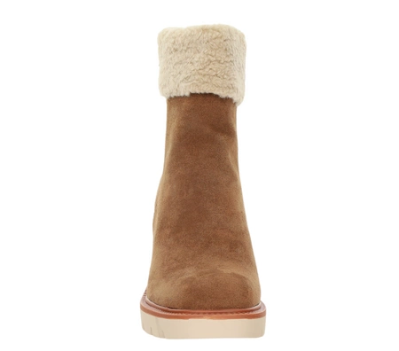 Czekoladowe botki zimowe z kożuszkiem wokół kostki na słupku i platformie Jezzi