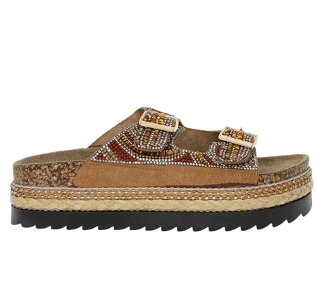 Kolorowe klapki damskie na podeszwie korkowej z koralikami