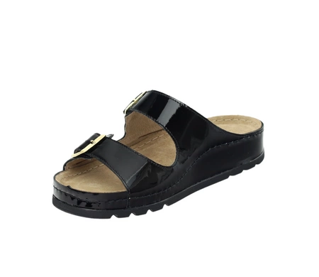 Czarne skórzane klapki damskie lakierowane na dwóch regulowanych paskach HELIOS