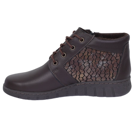 Brązowe czekoladowe botki zimowe damskie skórzane na szerokie stopy HELIOS