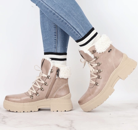Beżowe eleganckie botki damskie zimowe skórzane Helios