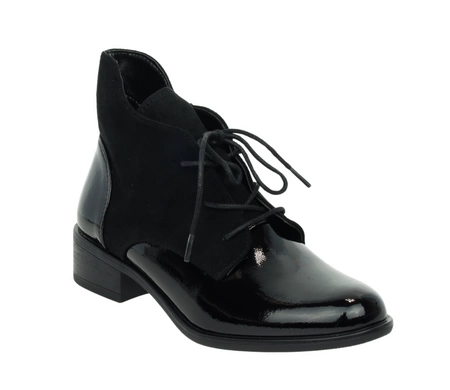 Czarne półbuty jesienne lakierowane botki płaskie Lekko ocieplane Kazadi