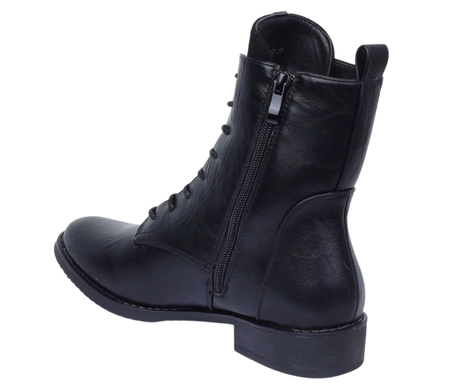 Czarne klasyczne botki damskie ocieplane na zamek i sznurowadła na płaskim obcasie Jezzi