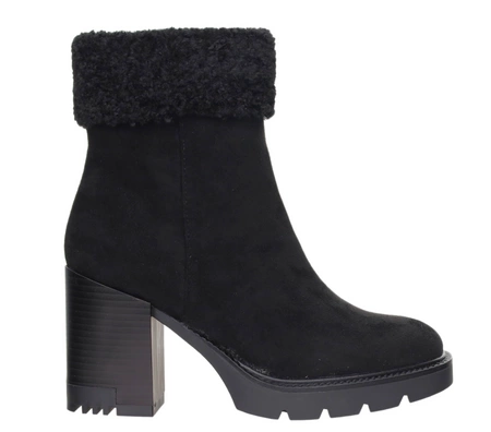 Czarne botki zimowe z eko wełną na obcasie i platformie Jezzi