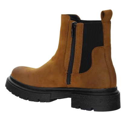 Karmelowe/rude botki płaskie ocieplane na zamek Jezzi