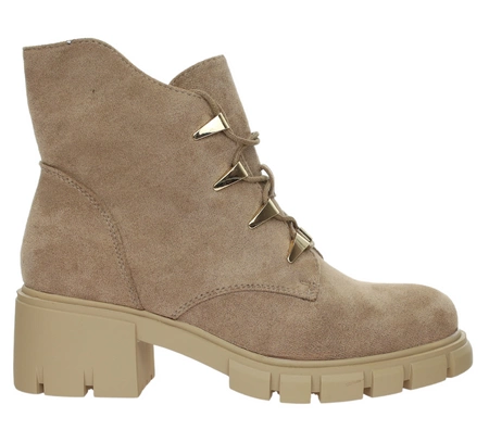 Beżowe ciepłe botki zimowe sznurowane na wygodnej podeszwie Jezzi