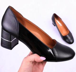 Czarne czółenka damskie na szerokim obcasie ze skóry naturalnej Gino Fabiani