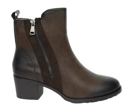 Brązowe czekoladowe eleganckie i wygodne botki damskie zimowe na niskim obcasie Jezzi