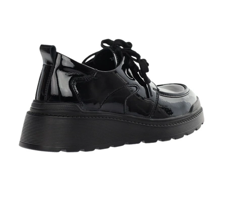 Czarne lakierowane półbuty damskie skórzane sznurowane na platformie Jezzi