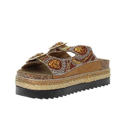 Kolorowe klapki damskie na podeszwie korkowej z koralikami