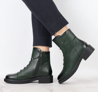 Zielone botki damskie na zimę eleganckie na płaskim obcasie Jezzi