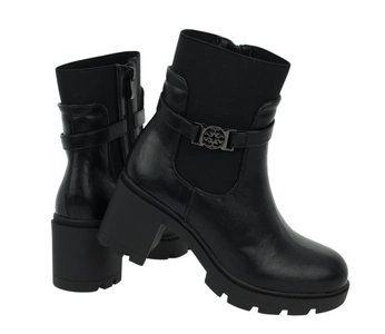 Czarne rokowe botki zimowe na obcasie i platformie ze skóry licowej ekologicznej Jezzi