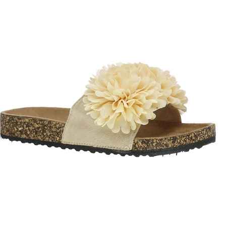Klapki damskie płaskie korkowe cieliste z kwiatkami Jezzi