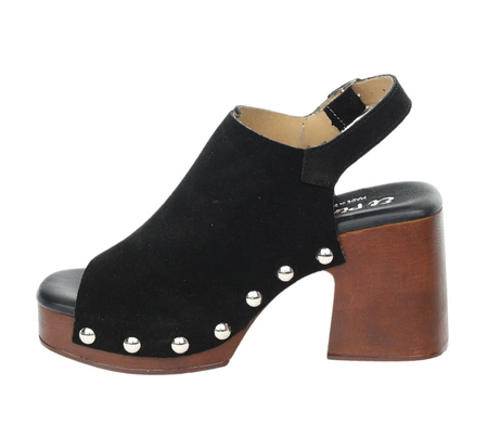 Skórzane sandały czarne na drewnianym klocku i platformie z ćwiekami Hiszpańskie El Pimpi