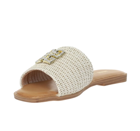 Eleganckie plecione klapki płaskie ze złotą klamrą i kryształkami Jezzi