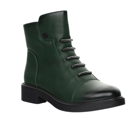 Zielone botki damskie na zimę eleganckie na płaskim obcasie Jezzi