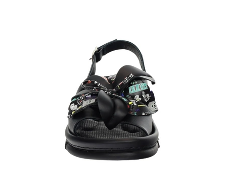 Czarne eleganckie sandały damskie skórzane z kwiatkiem MODO