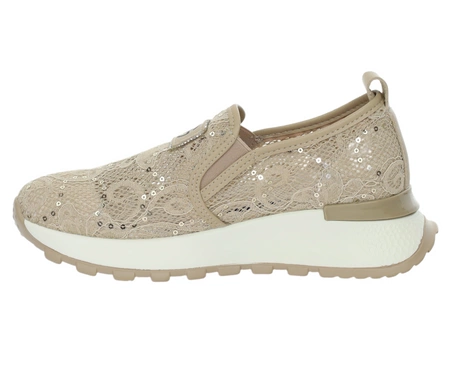 Beżowe eleganckie buty damskie sportowe koronkowe z cekinami VINCEZA