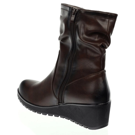 Brązowe czekoladowe botki zimowe komfortowe na koturnie Jezzi