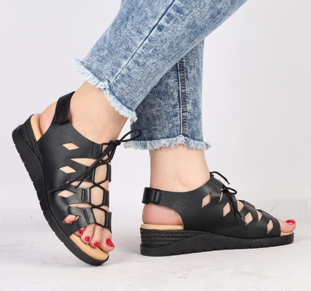 Czarne skórzane sandały damskie jezuski rzymianki Hiszpańskie El Pimpi