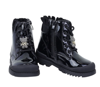 Czarne lakierowane botki dziecięce ocieplane eleganckie i ciepłe MISS E