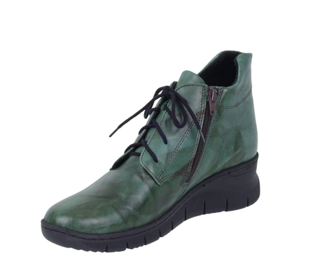 Zielone skórzane buty damskie zimowe komfortowe botki na zamek i sznurowadła Gino Fabiani