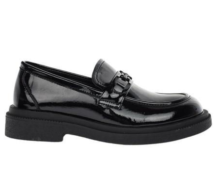 Skórzane lakierowane półbuty damskie czarne lordsy garniturowe Jezzi